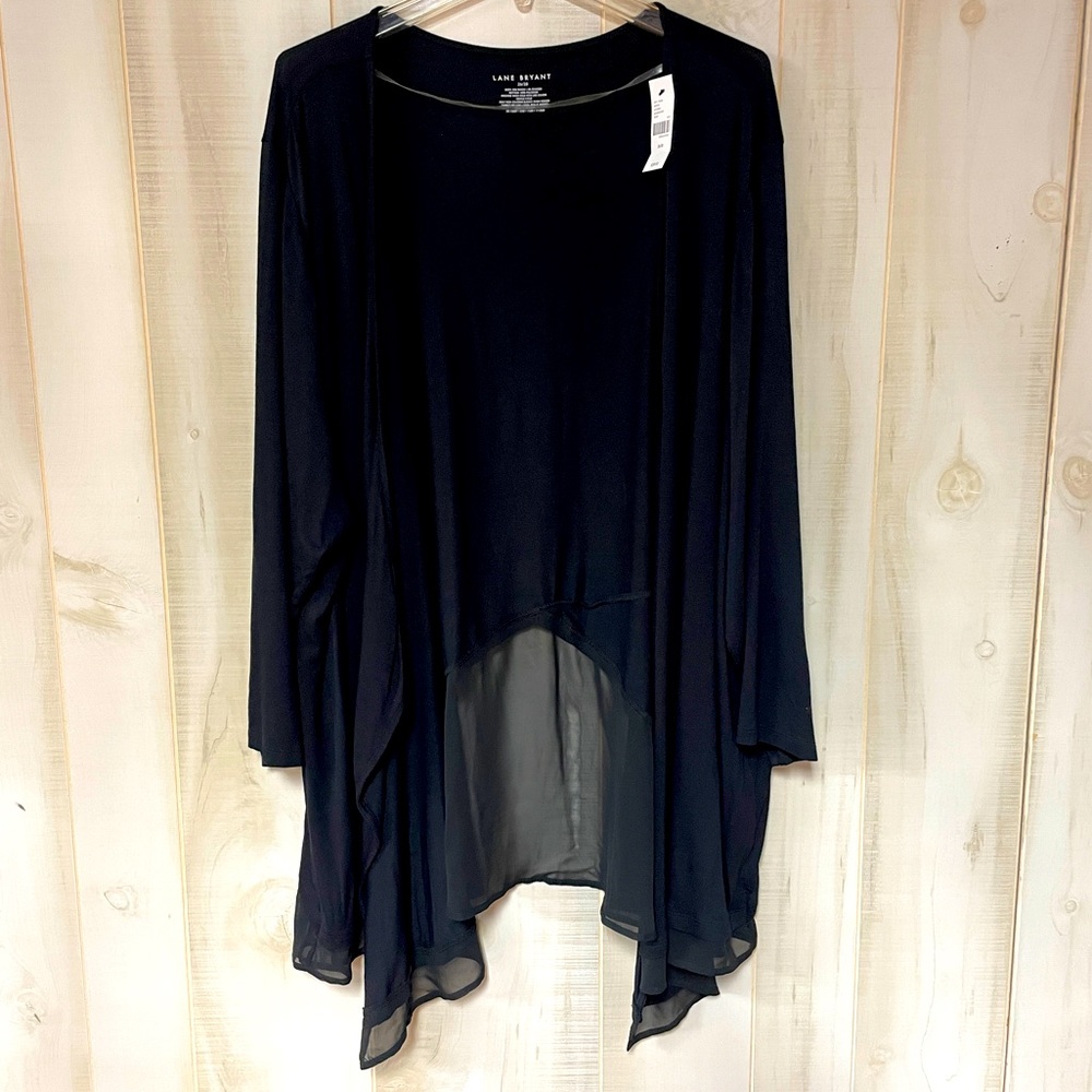 NWT Lane Bryant Black Asymmetrical Mesh Hem 3/4 Sleeve Open Cardigan Sz 26/28